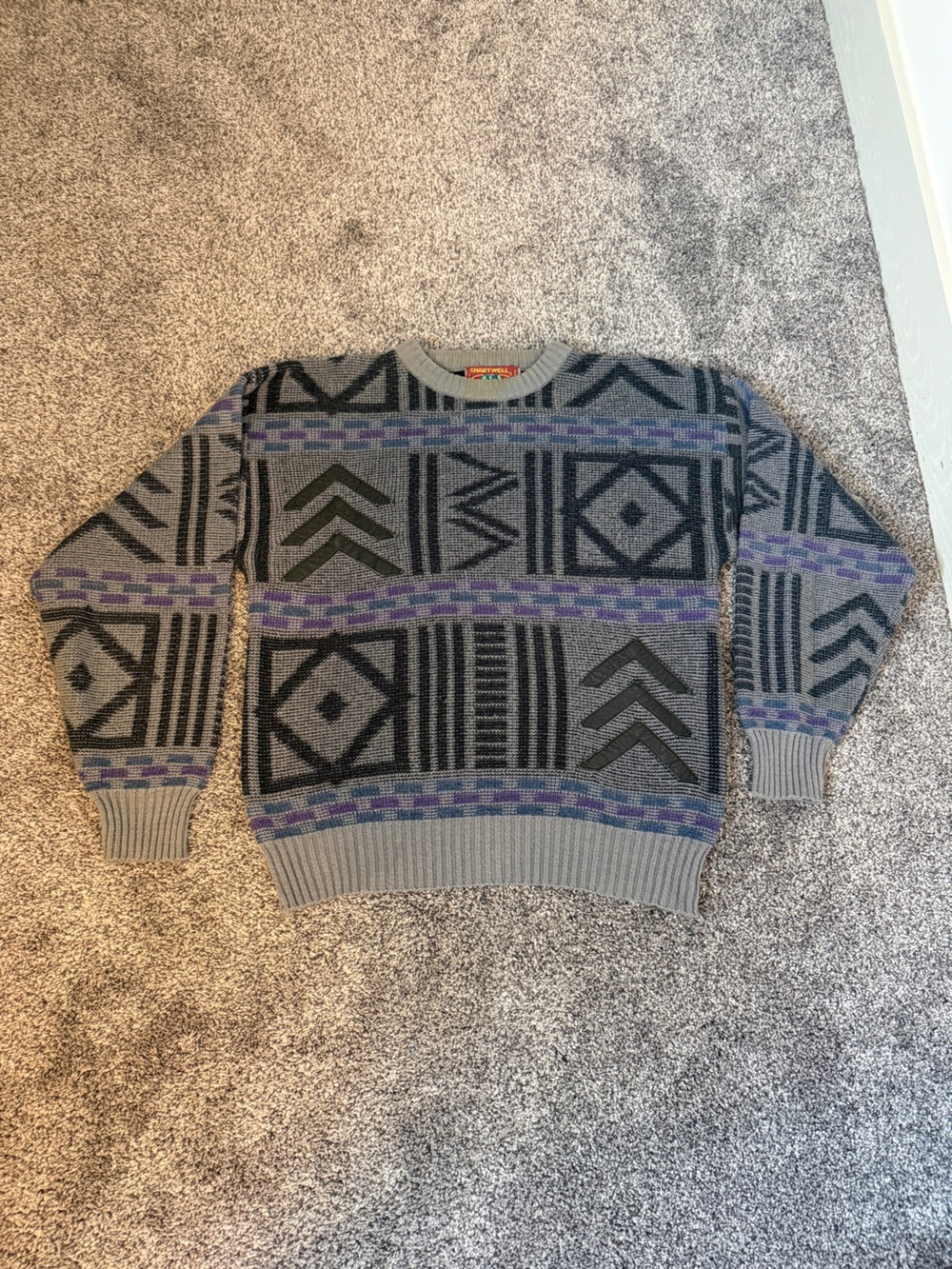 Vintage 90s Chartwell Geometric Grandpa Sweater Gray Purple, Unisex